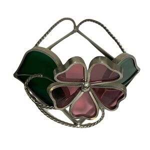 Vtg Stained Glass Candle Base Leaded Center Pc Pink Flower Green Leaves Pewter